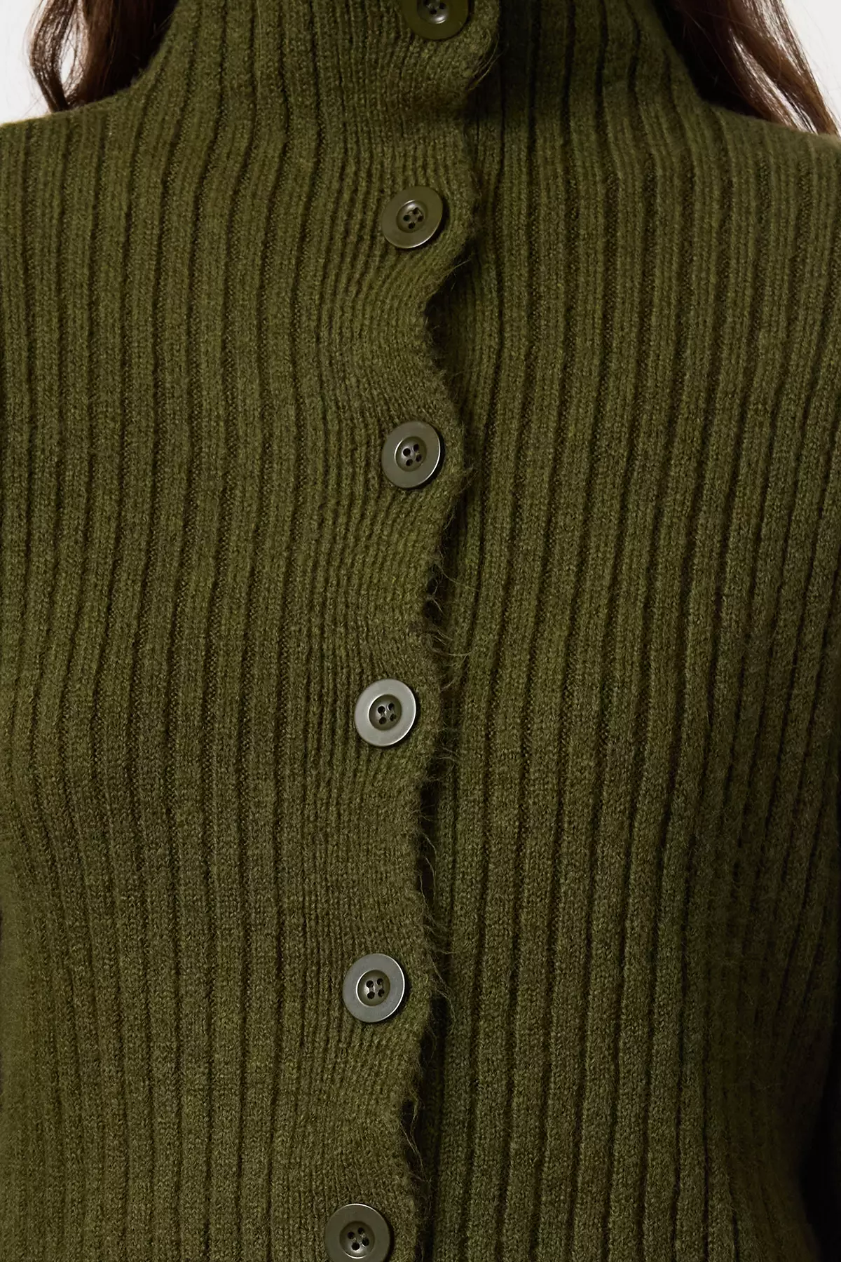 Khaki Crop Soft Textured Stand Collar Knitwear Cardigan TWOAW22HI0174