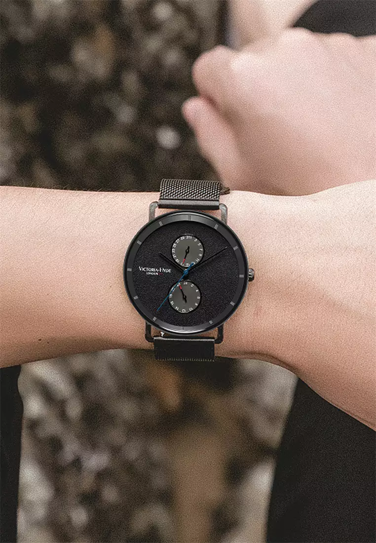 Men's Watch 40mm Grange Hill Date Black Stainless steel mesh band  And Case- Black