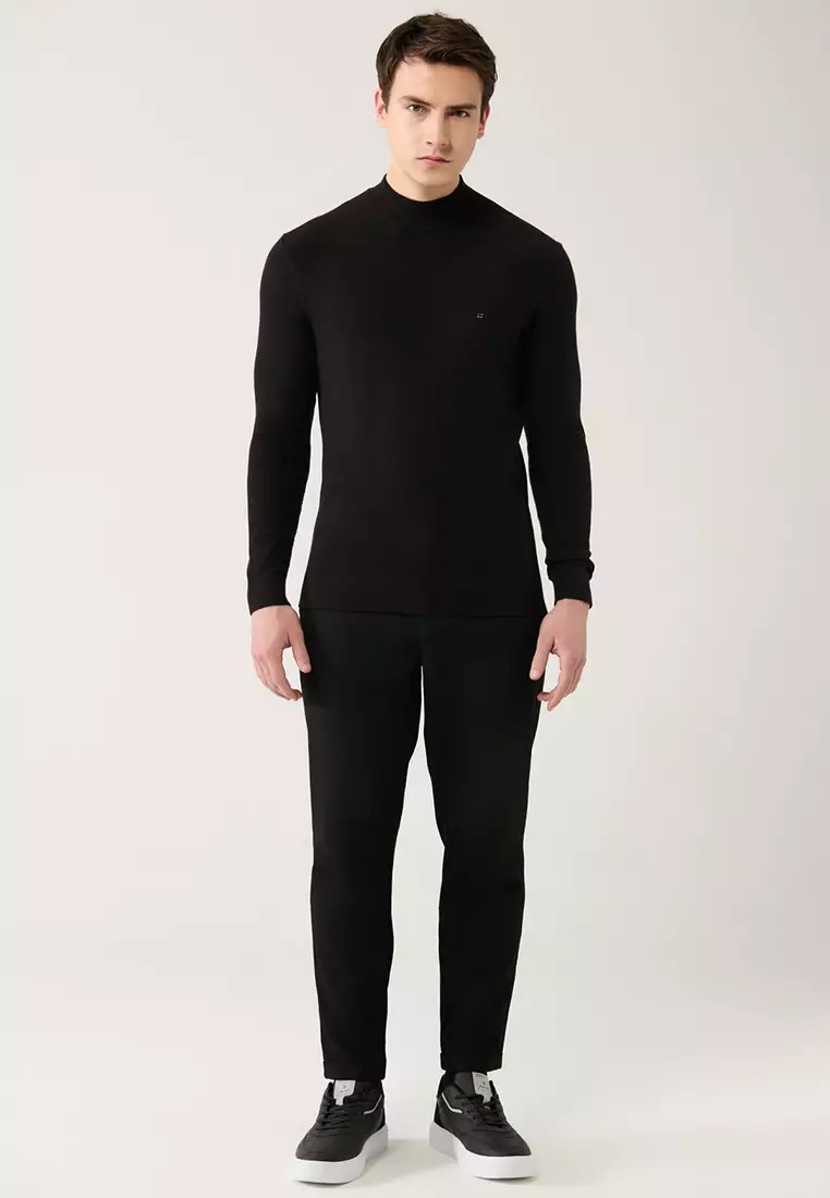 Men's Black Half Turtleneck Textured Collar Knitwear Sweater A32Y5166
