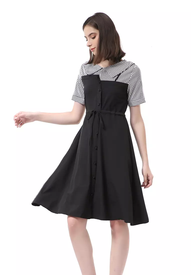 Rachel Midi Dress Wanita Lengan Pendek Vintage Design Tali Pinggang Material Cotton ORIGINAL - Black