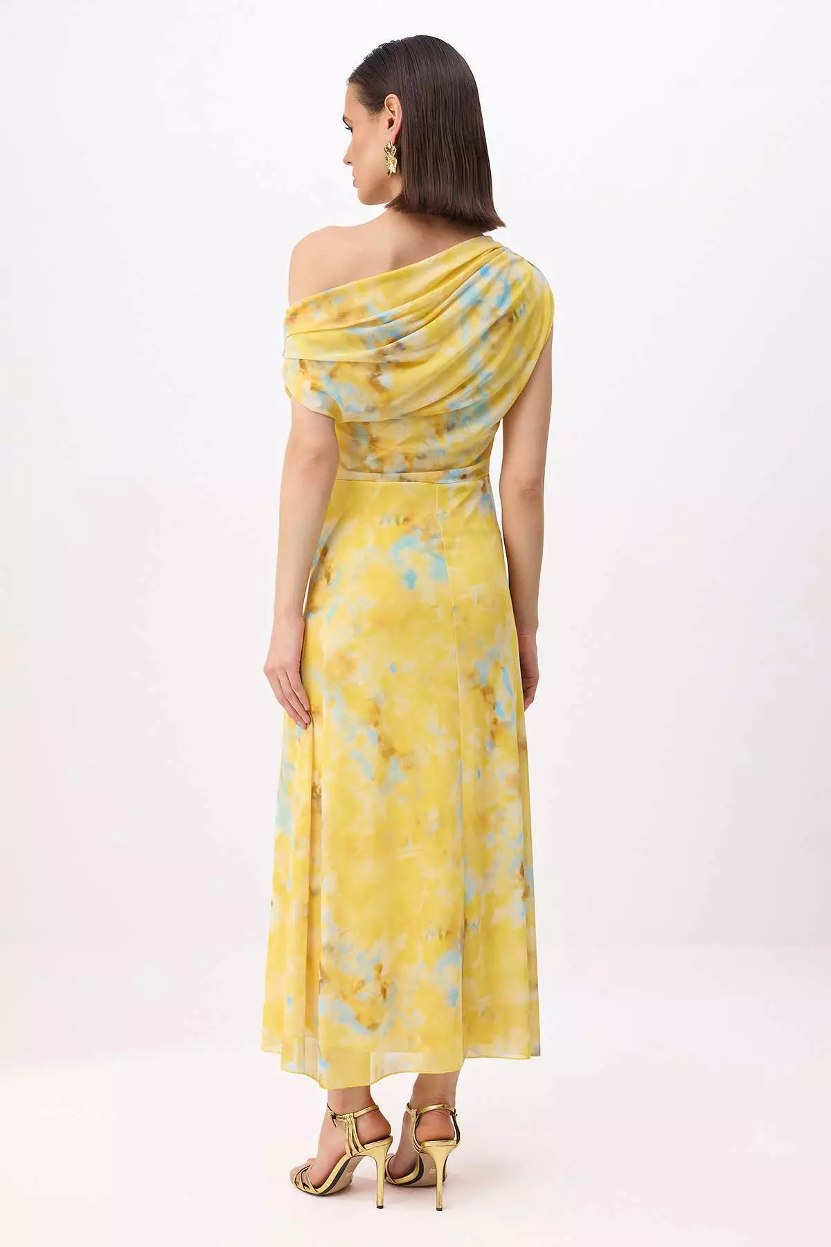 Yellow-Multicolor Floral Straight-Cut Knitted Tulle Maxi Lined Stylish/Evening Dress