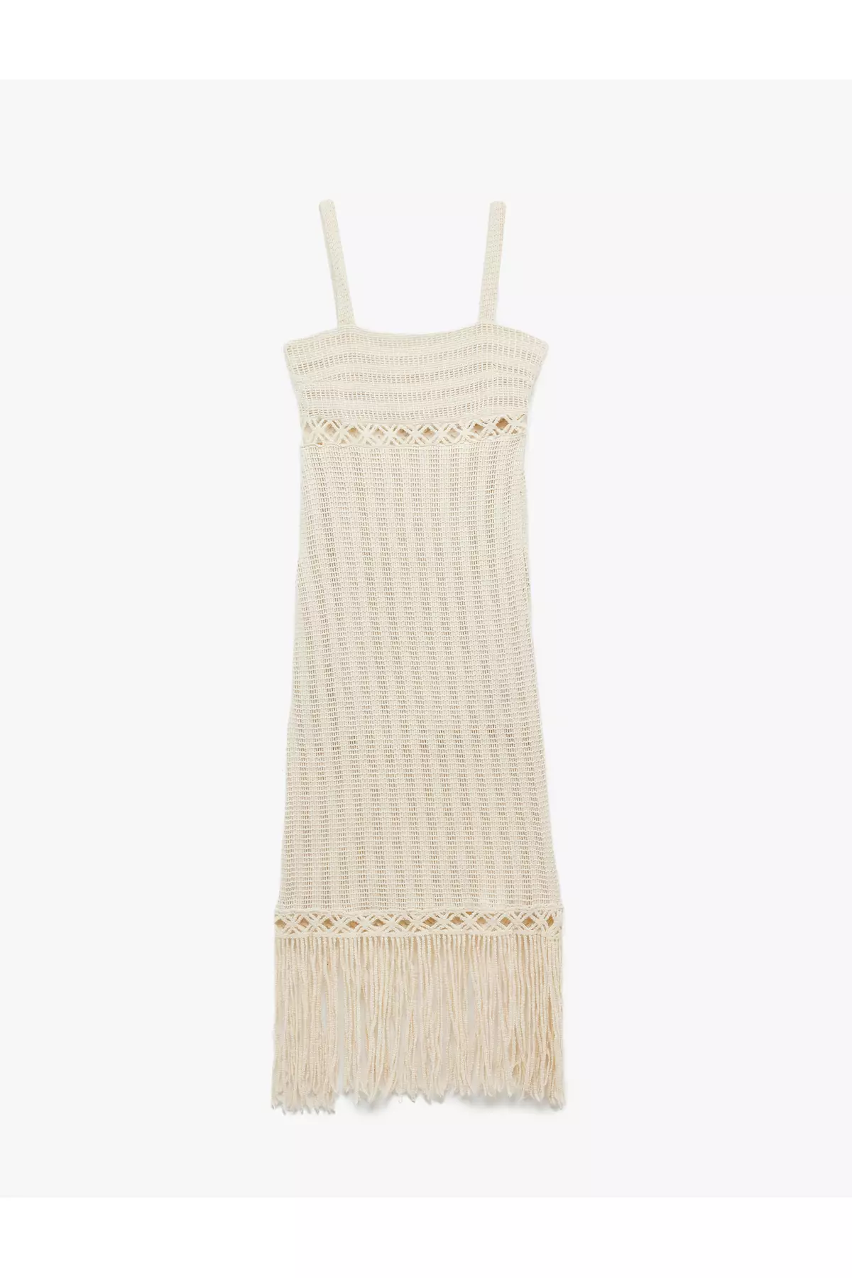 Slim Fit Square Neck Openwork Midi Length Crochet Dress With Tassels Straps