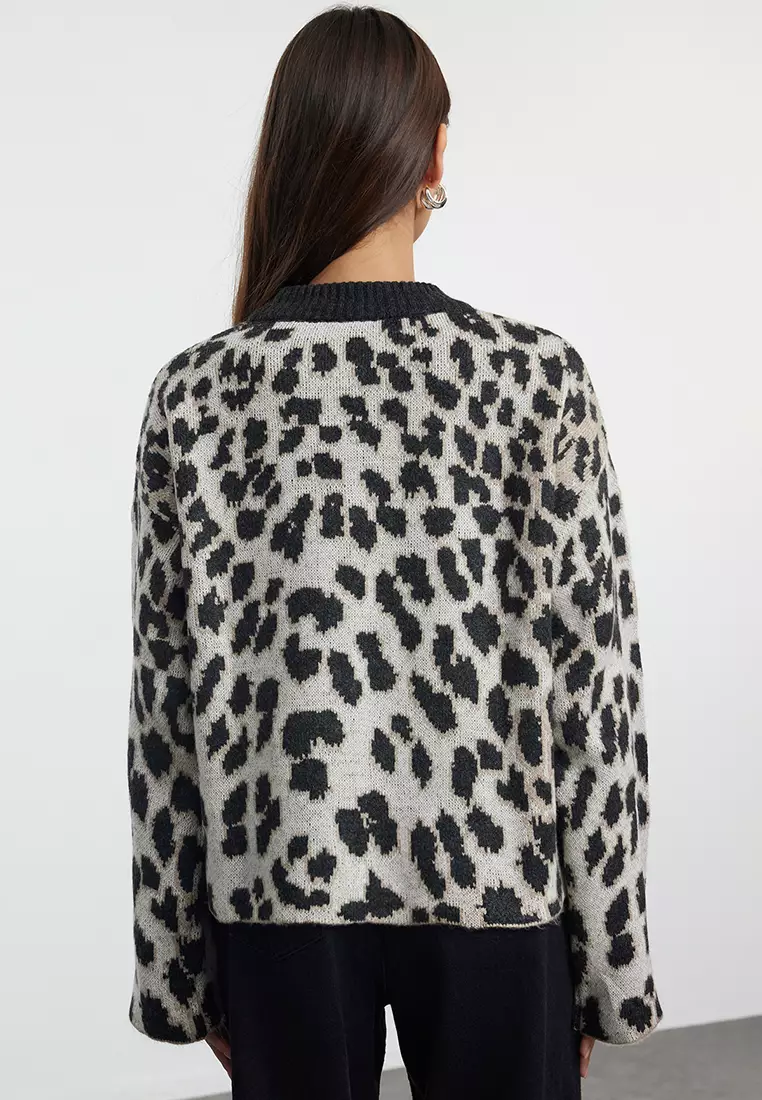 Anthracite Soft Texture Leopard Patterned Knitwear Sweater