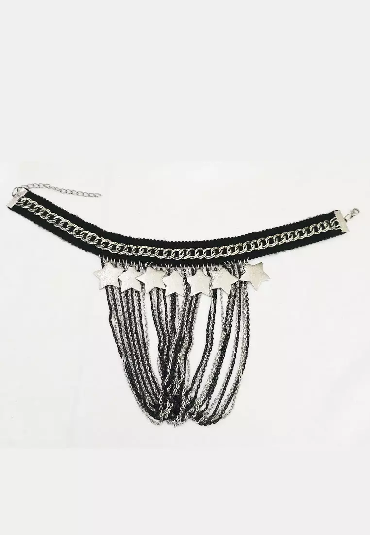 Aksesoris Wanita stars Chains Choker Necklace Kalung Wanita Black & Silver
