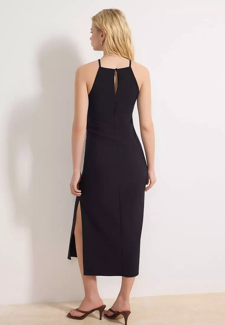 Navy Blue Slit Midi Woven Dress Twoss26El97