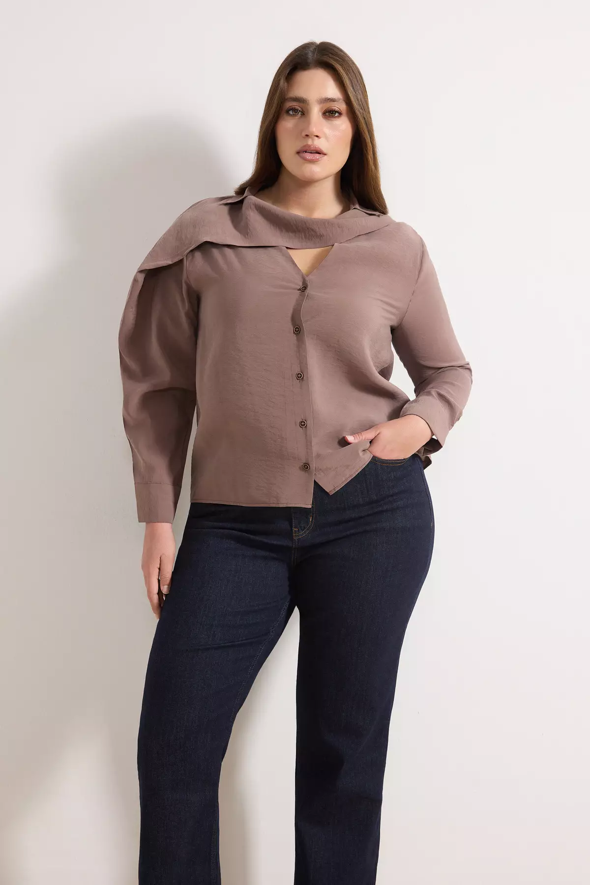 Mink Modal Long Sleeve Shawl Detail V-Neck Plus Size Blouse Tbbss26Ax00007