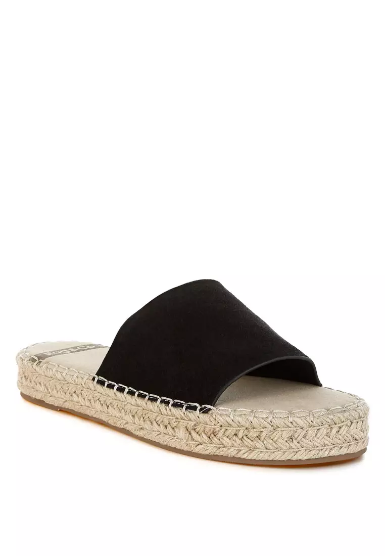 Sepatu Flat Espadrille Kulit Lembut Asli Warna Hitam