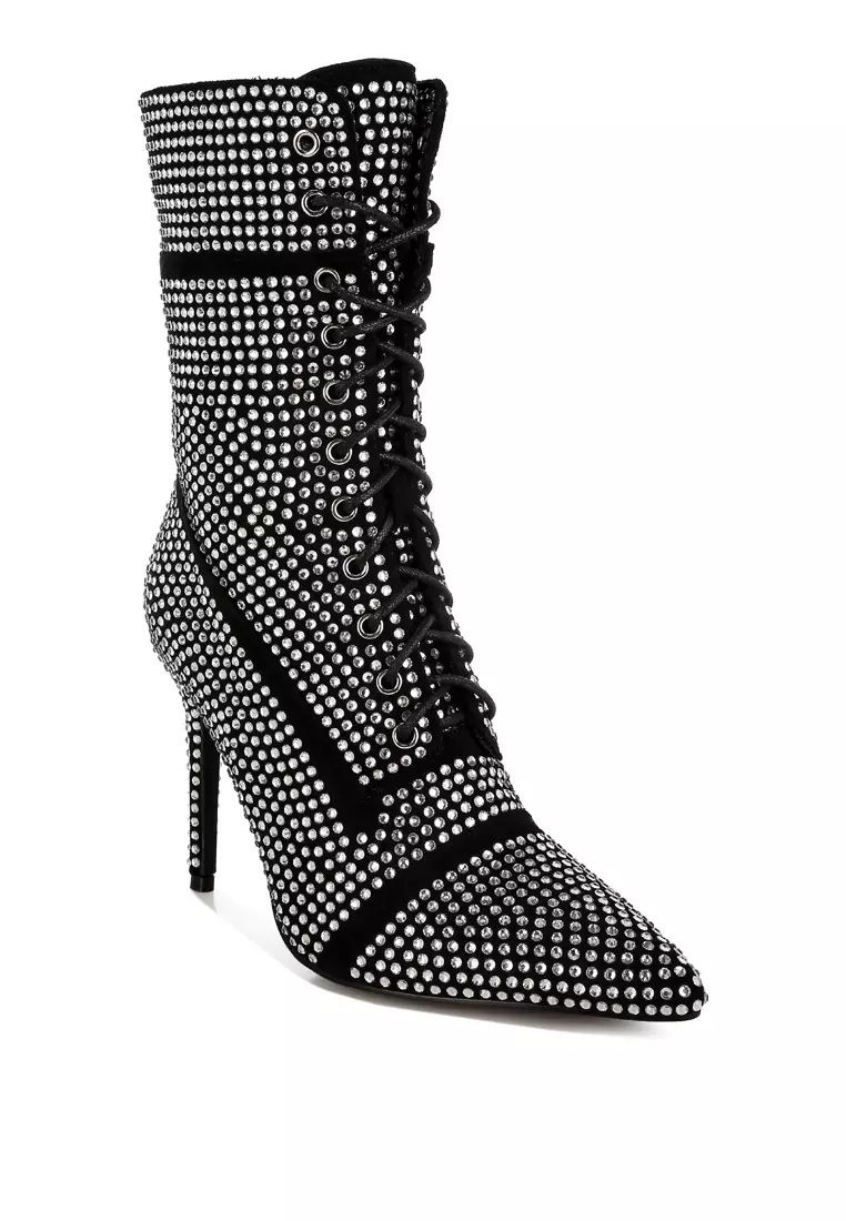 Rhinestones Embellished Calf Boots in Black