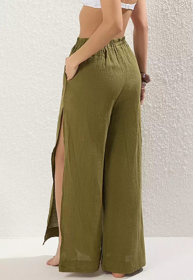 Khaki Weaving 100% Linen Slit Beach Trousers TBESS25PL00004