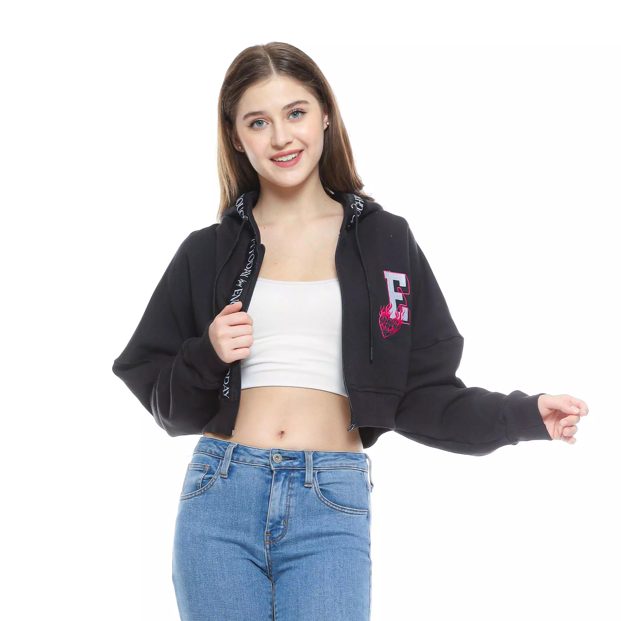 Enough For Today /KUIY,- Sweater Hoodie Crop Zipper Oversize Hitam Bordir Pita Tempel Text On Black Wanita Top Fleece
