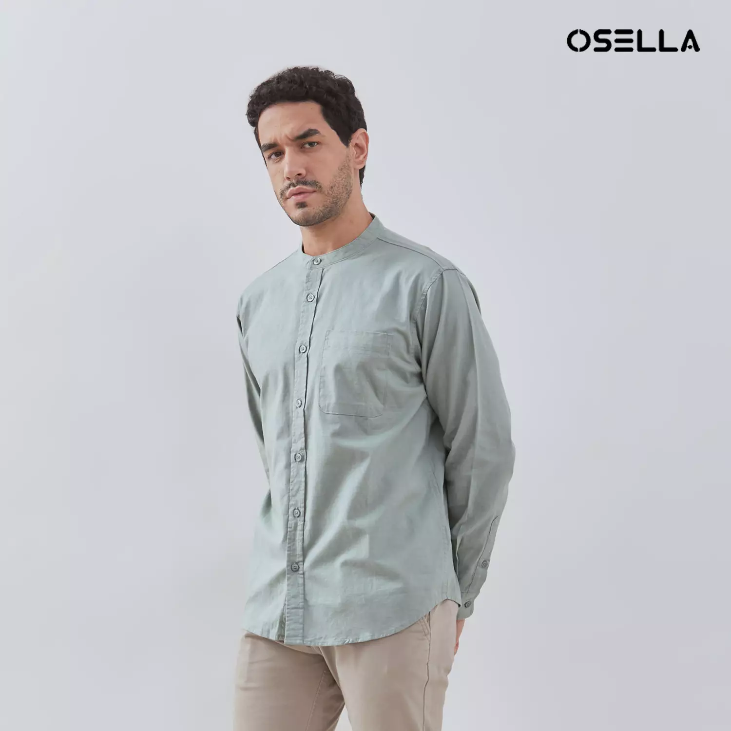 [NEW] Osella Solid Linen Look Shanghai Collared Long Sleeve Shirt 2037501064 |  Kemeja Pria Lengan Panjang