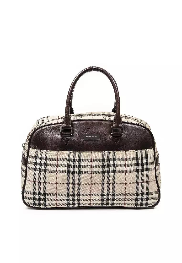 Burberry Black Beige Nova Check on Studs Canvas Leather Boston Bag