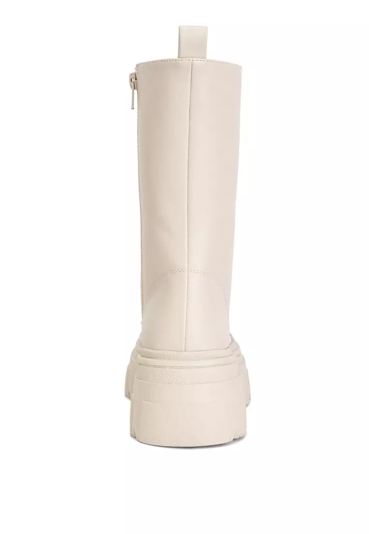 Ecru Faux Leather Combat Chunky Boots
