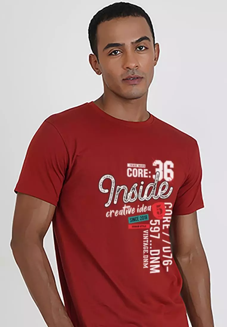 内部印花图案栗色棉质短袖圆领休闲 T 恤