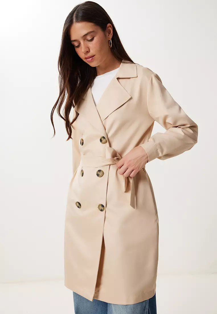 Women's Cream Double Breasted Collar Belted Seasonal Trench Coat Dd01374
