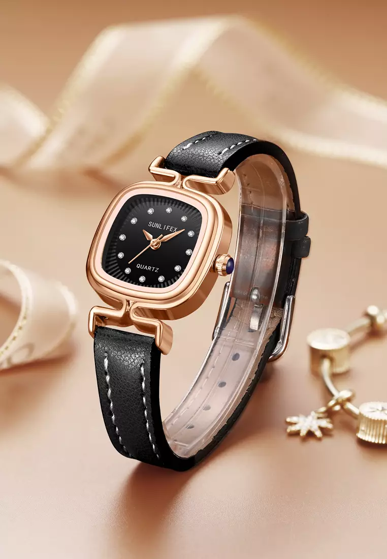 Jam Tangan Wanita Original Korea Retro Anggun Kuarsa Berlian Jam Tangan Cewek 5996 black