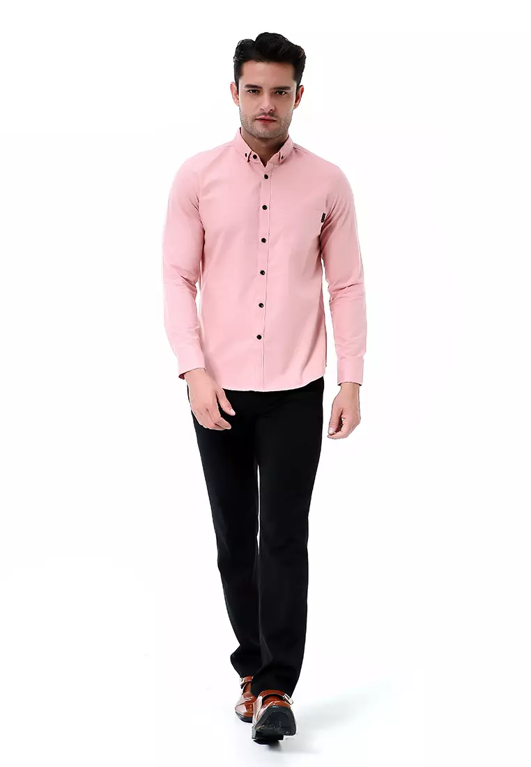 Leopold Kemeja Basic Pria Motif Polos Long Sleeve Material Cotton ORIGINAL - Pink