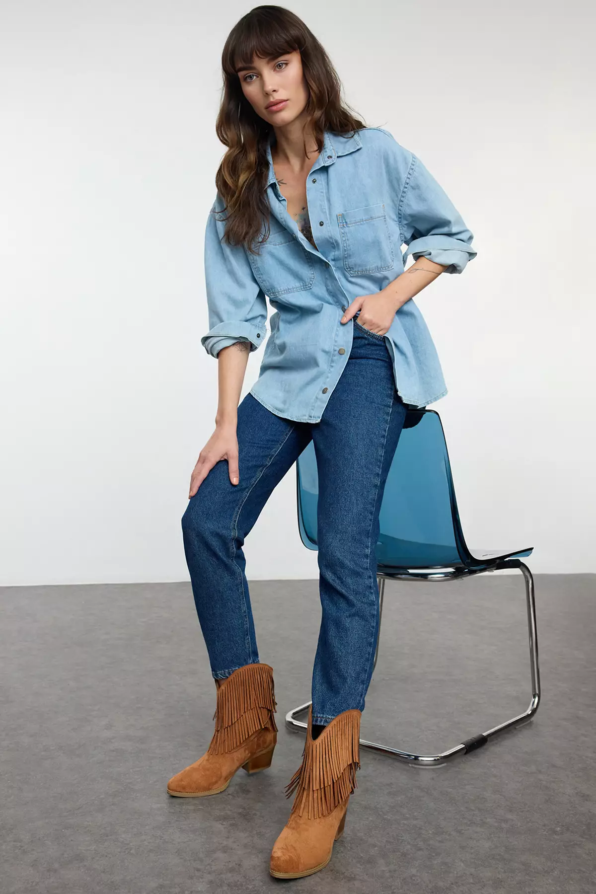 Tan Suede Brown Tasseled Cowboy Block Heeled Women's Boots Takaw25Bo00031