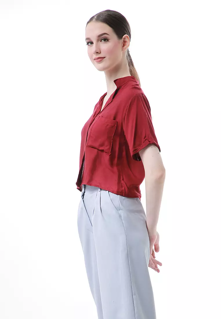 Melinda Kemeja Crop Top Atasan Wanita Motif Polos Relaxed Fit - Maroon