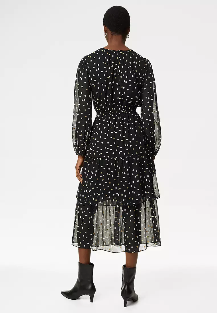 Polka Dot Ruffle Midi Tiered Dress