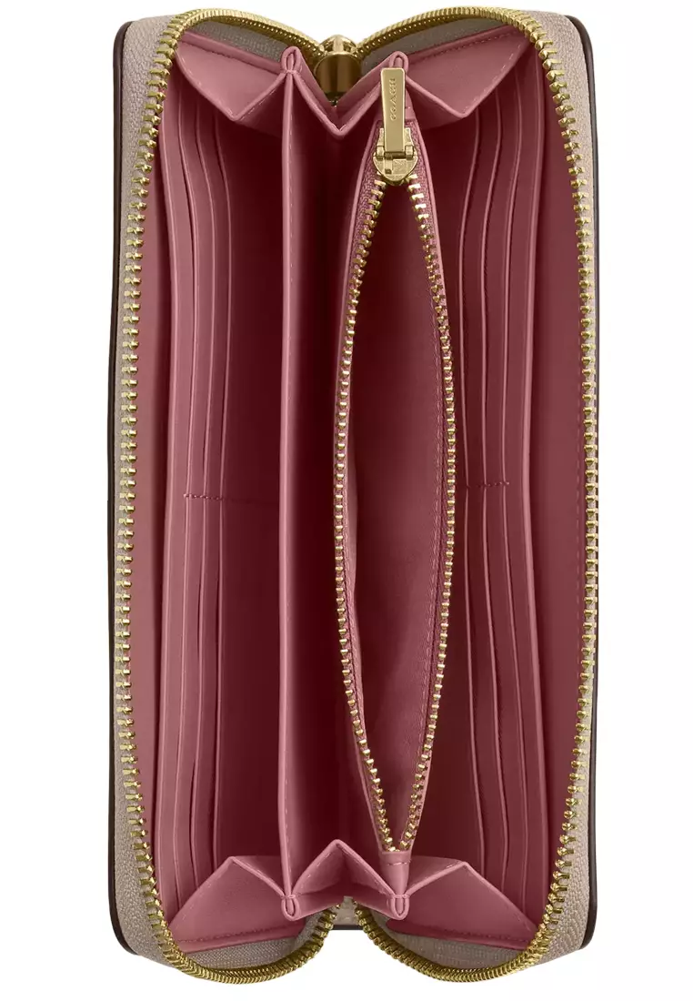 Long Zip Around Wallet In Signature Canvas - Sand/ Peony CW778