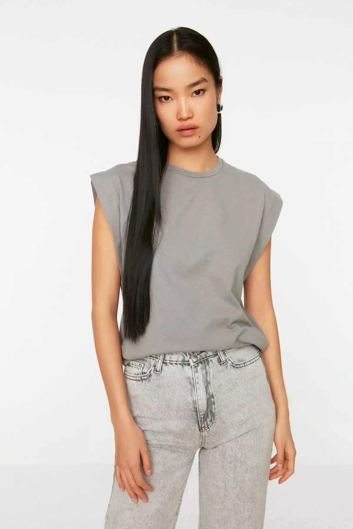 Gray 100% Cotton Wadding Look Basic Crew Neck Knitted T-Shirt TWOSS20TS0021