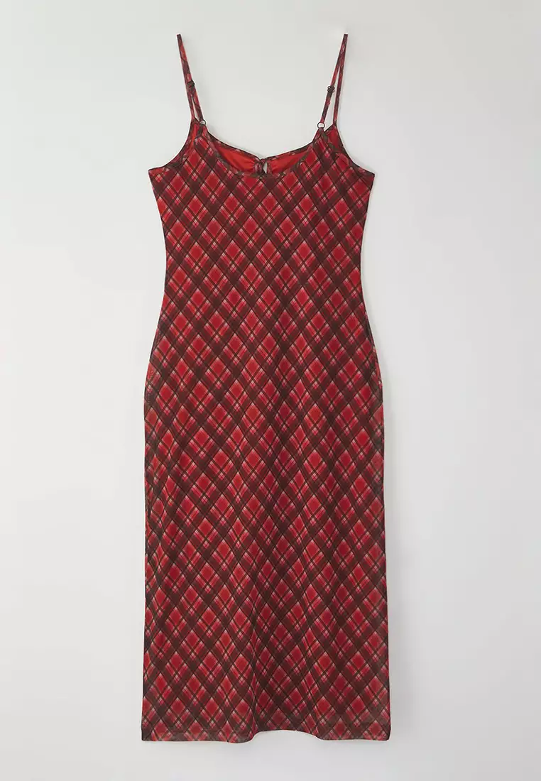 Red Tie Detail Plaid Tulle Maxi Stretch Knit Dress Twoss25El00468