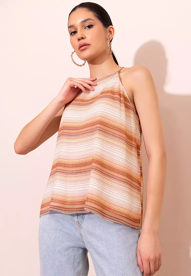 Brown Multicolour Striped Pleated Top
