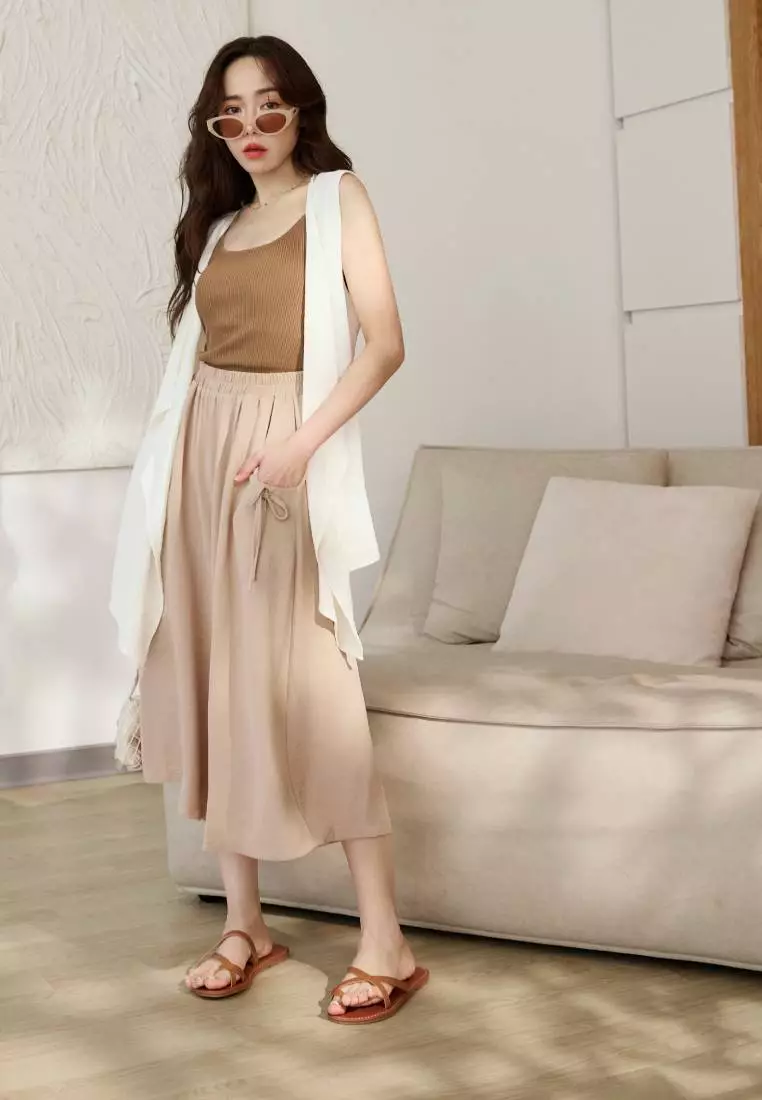 Breathable Textured Fabric Drawstring Elastic Waist Cropped Wide-Leg Pants [BA7876]