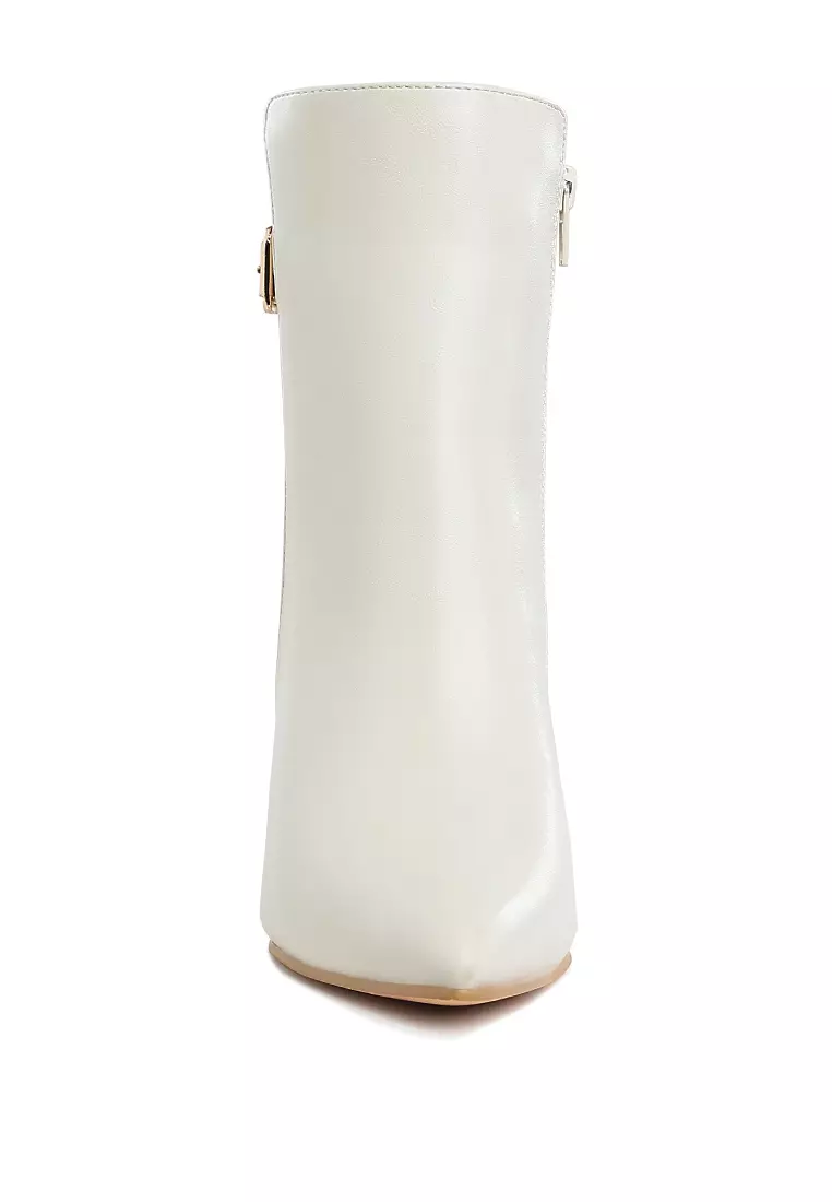 Belt Detail Block Heel Boots in Off White