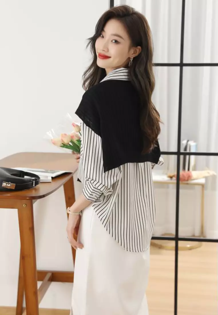 Striped Long Sleeves Shirt With Scarf (2pcs)