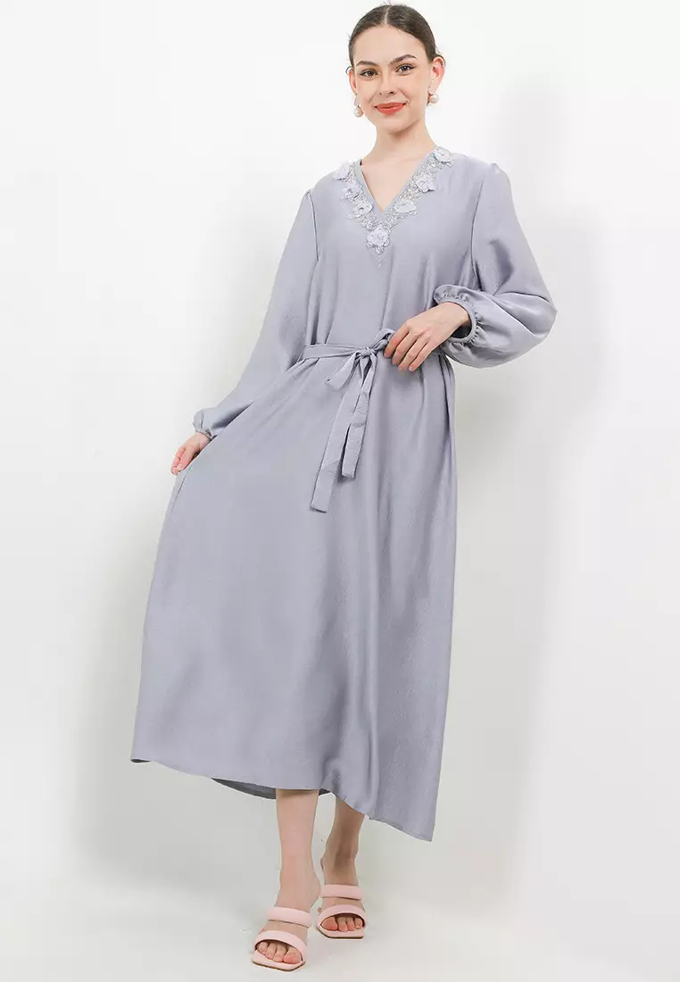 Embellished & Flo Appliq Belted Sateen Dress