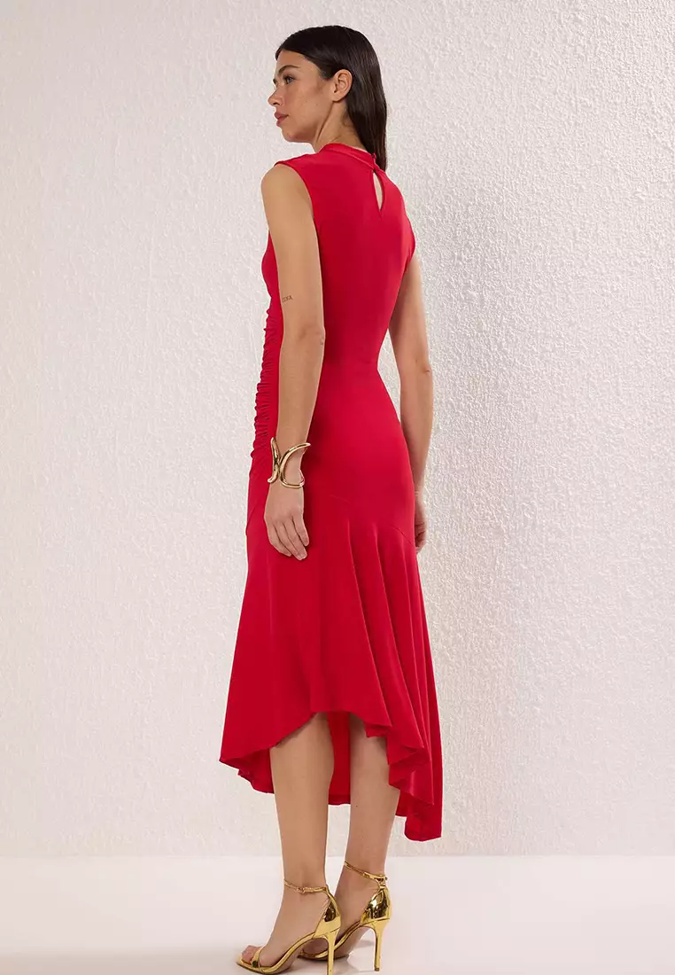 Red Hem Ruffle Detail Knitted Stylish Evening Dress