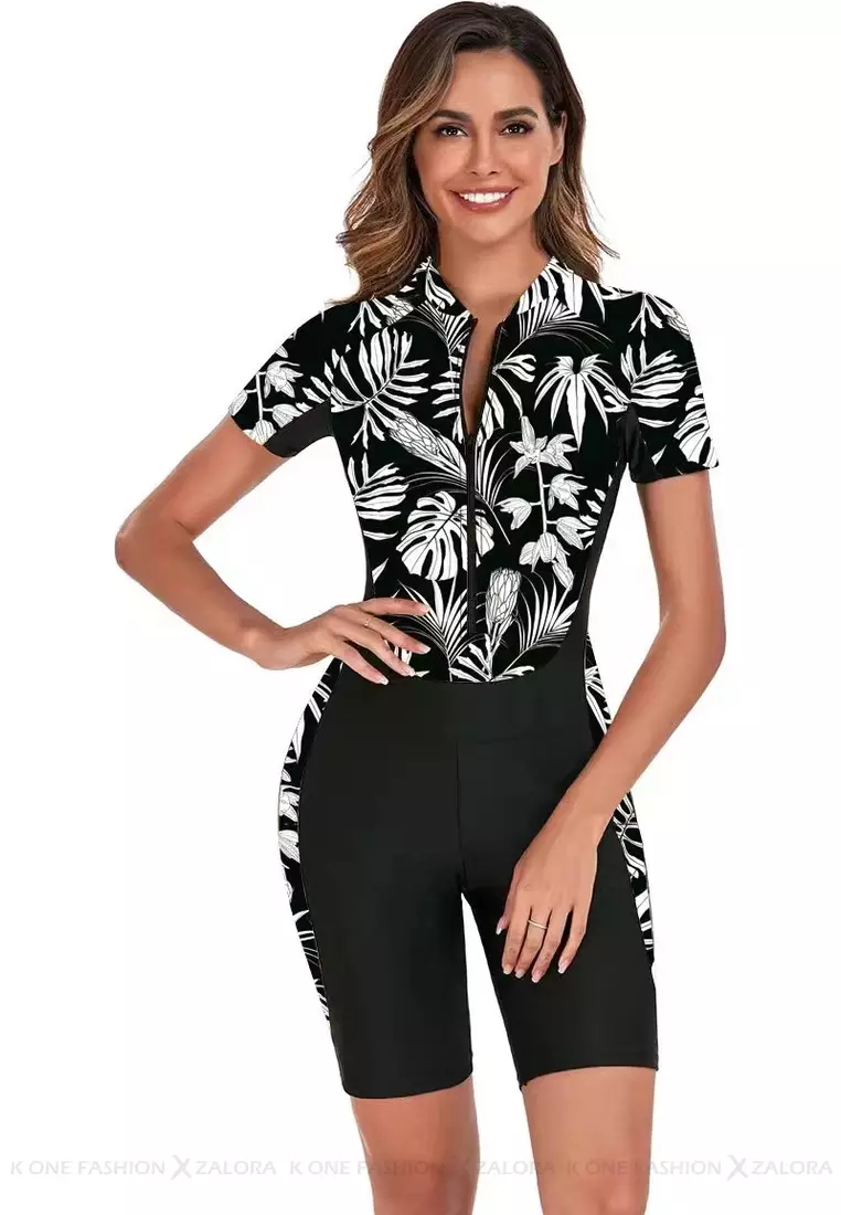 Surf Print Short Sleeve One Piece Swimsuit