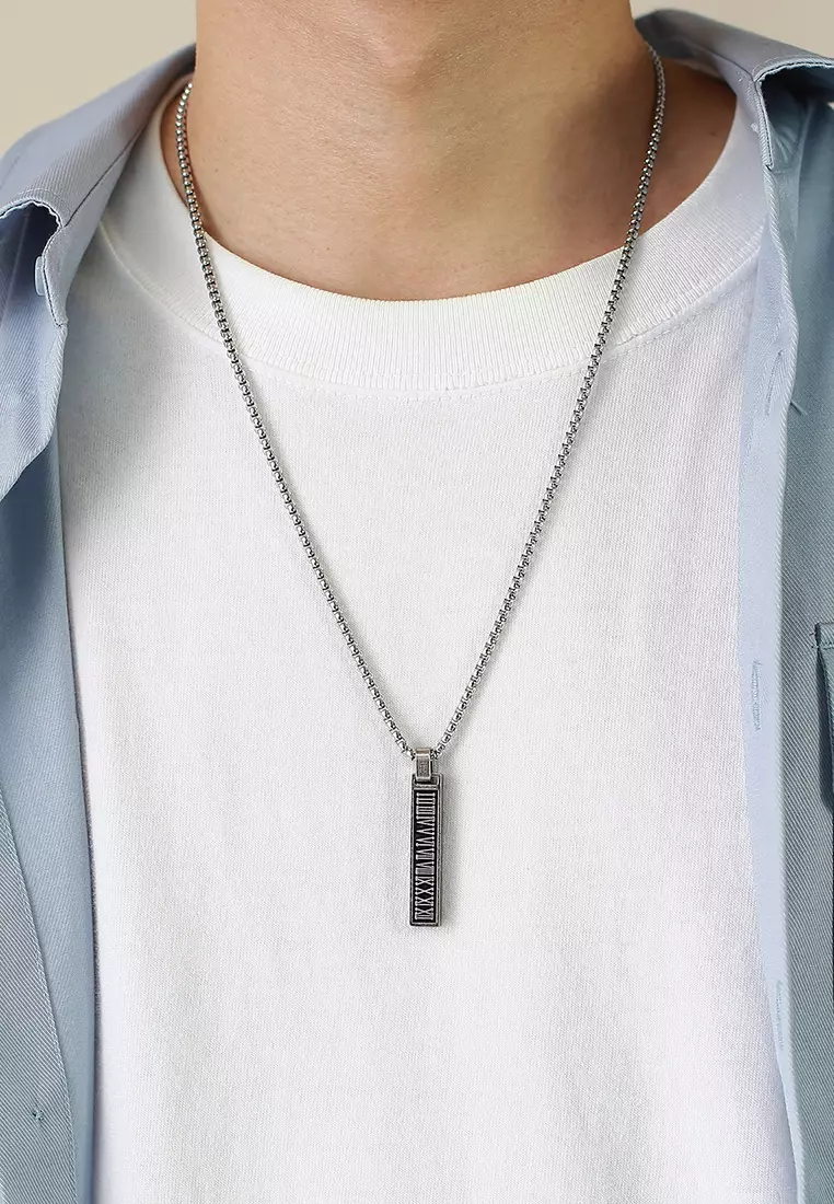 Titanium Steel Rectangular Bar Roman Numerals Pendant Necklace JW QX-1490