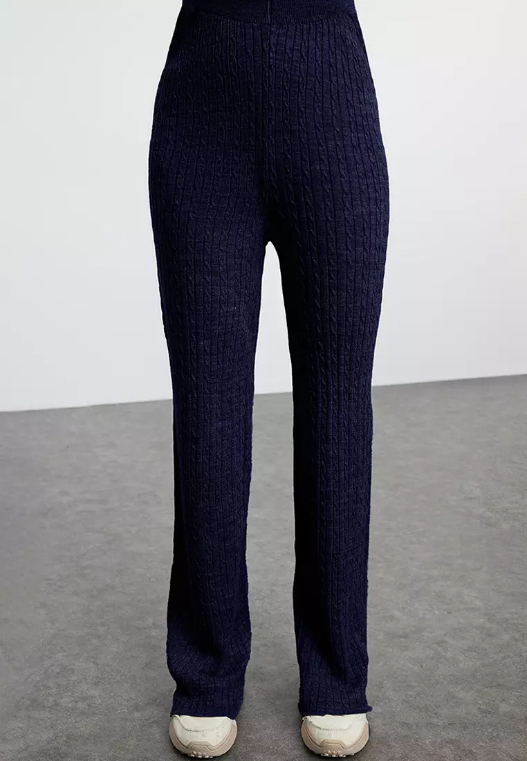 Navy Blue Zippered Sweater-Pants Knitwear Bottom-Top Set TWOAW25AU00059