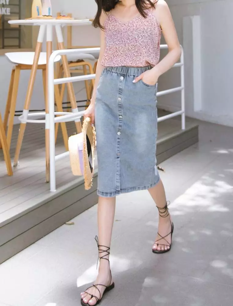 刷色排釦鬆緊腰頭Ａ字牛仔中長裙《CA1610》