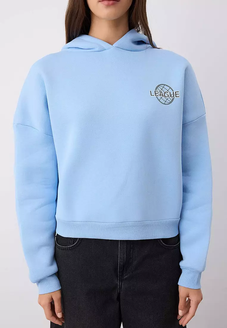 Light Blue Back Print Detailed Hooded Thick Fleece Knitted Sweatshirt
