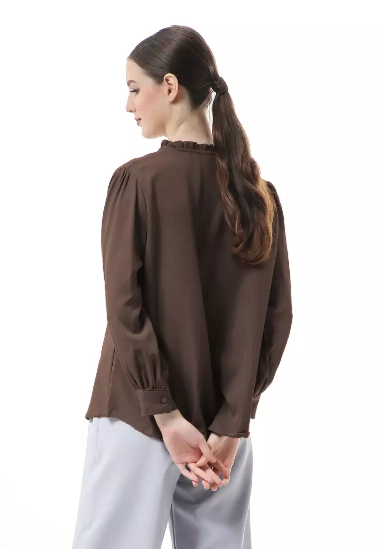 Vionka Kemeja Atasan Wanita Opnaisel Motif Polos - Brown