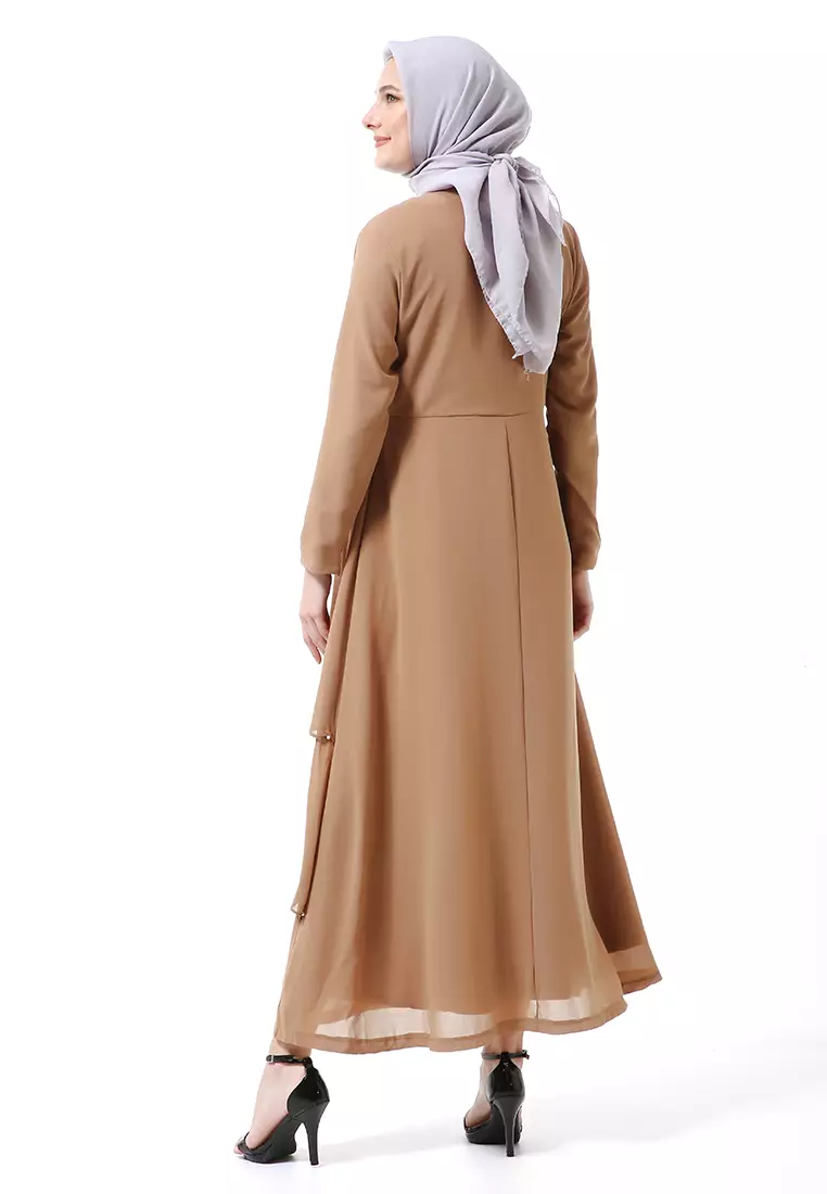 Shafira Dress Muslimah Long Sleeve Motif Polos Premium High Quality - Brown