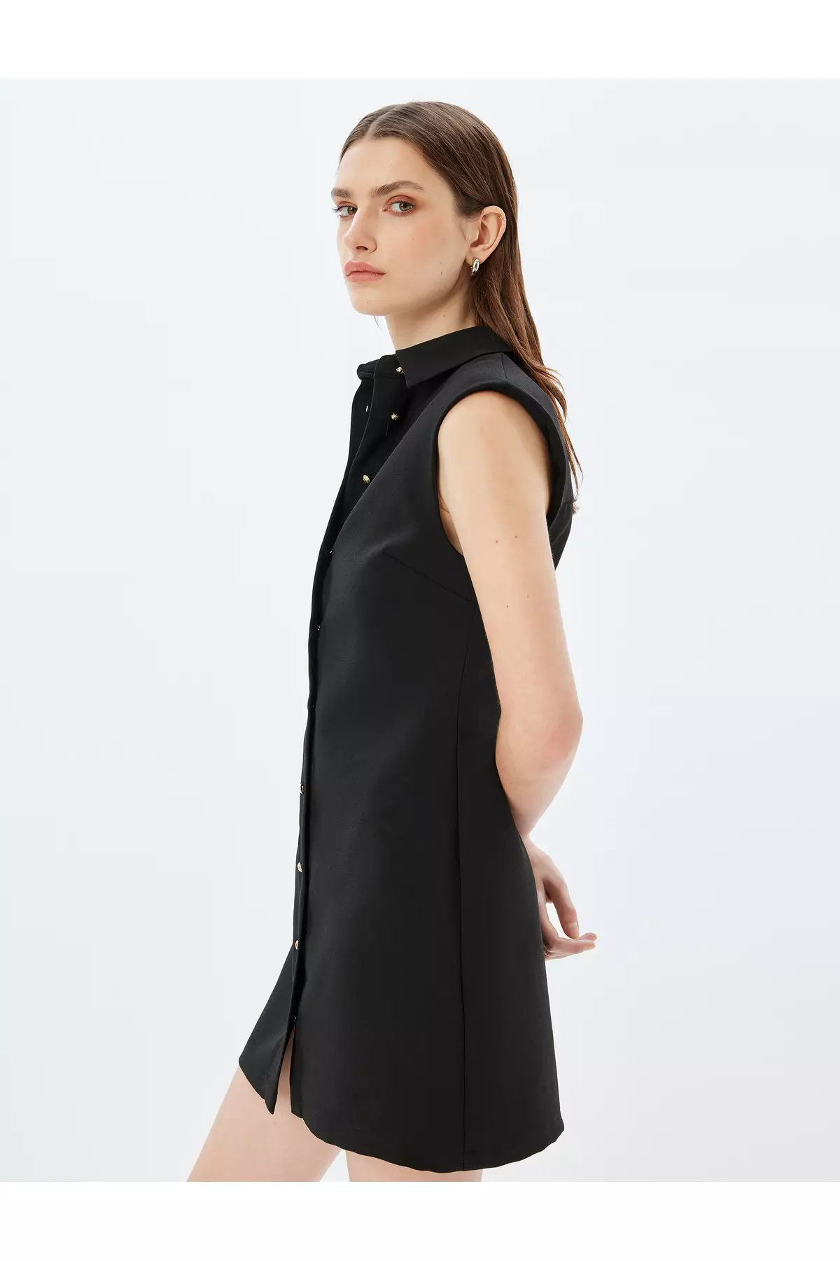 Mini Size Buttoned Sleeveless Shirt Dress