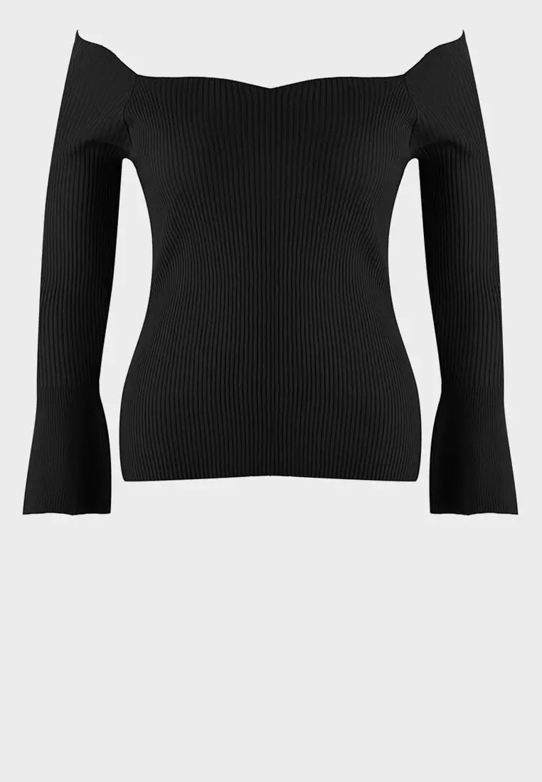 Black Ribbed Carmen Collar Knitwear Sweater Tbbaw26An00031