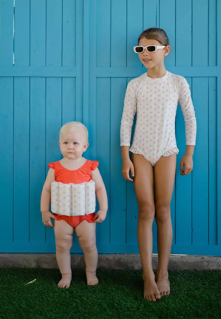 Stripes & Blooms Ruffles Sleeveless Floatsuit - Coral Daisy