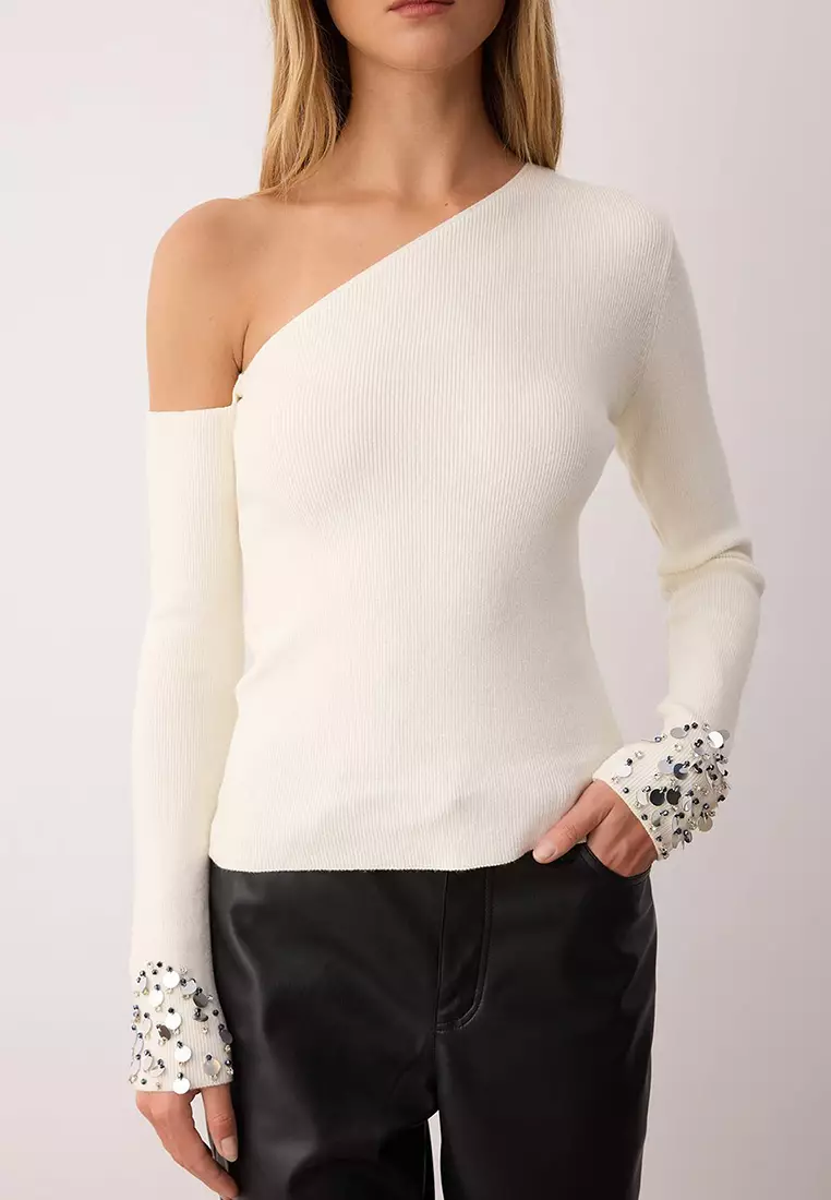 Ecru Premium Yarn/Special Yarn Asymmetric Collar Sleeve Edge Sequined Knitwear Sweater