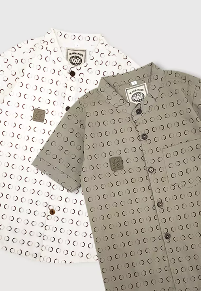 Wakakids Kemeja Anak Laki Laki Usia 1 Tahun Hingga 8 Tahun Atasan Baju Kerah Shanghai Mandarin Collar Shirt Motif Circle Pattern 4300 Vensk Coklat