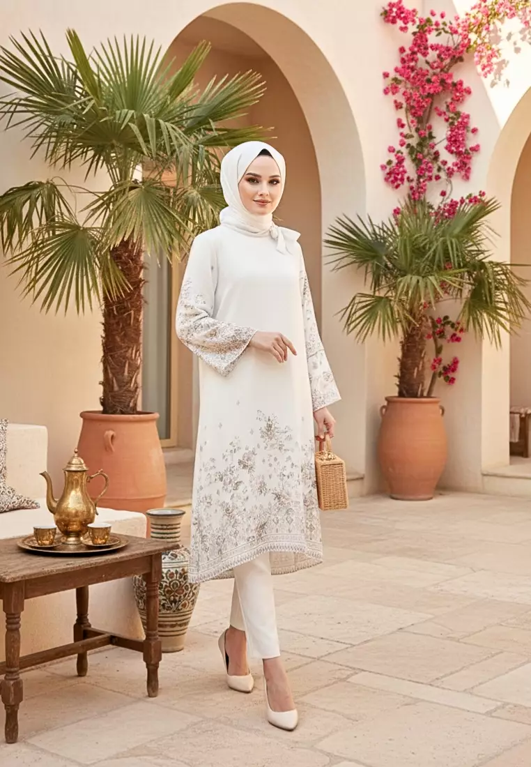 Floral Tunik For Raya With Tape Detail In Soft Pink And Broken White By Brilliant Girl Warna PUTIH