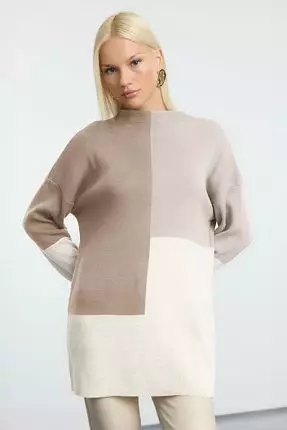 Mink Color Block Stand Collar Sweater Sweater Tctaw22Ak0054