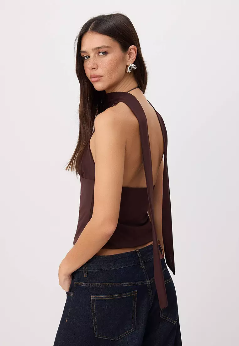 Brown Polka Dot Li Fitted Halter Neck Tie-Detail Accessory Detail Tulle Knitted Blouse Twoss26Bz488