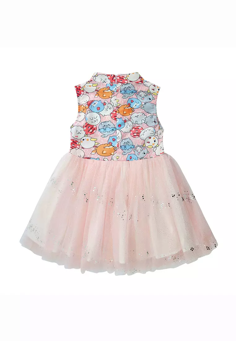 Purrfect Family Paws Baby Kids Girl Sleeveless Pink Cats Voile Cheongsam Dress Family Wear 0814