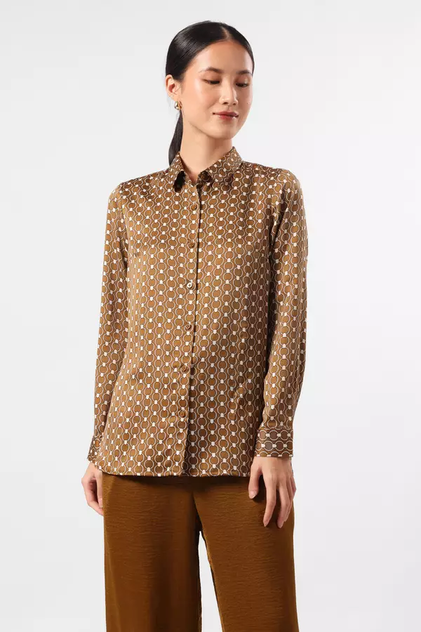 MINIMAL - Celeste - Printed Satin Shirt - Olive Colour Olive